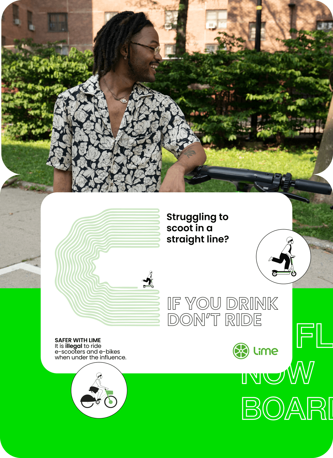 A man leaning on a Lime e-scooter in New York beside the 'If you drink, don't ride' safety poster on a Lime green background