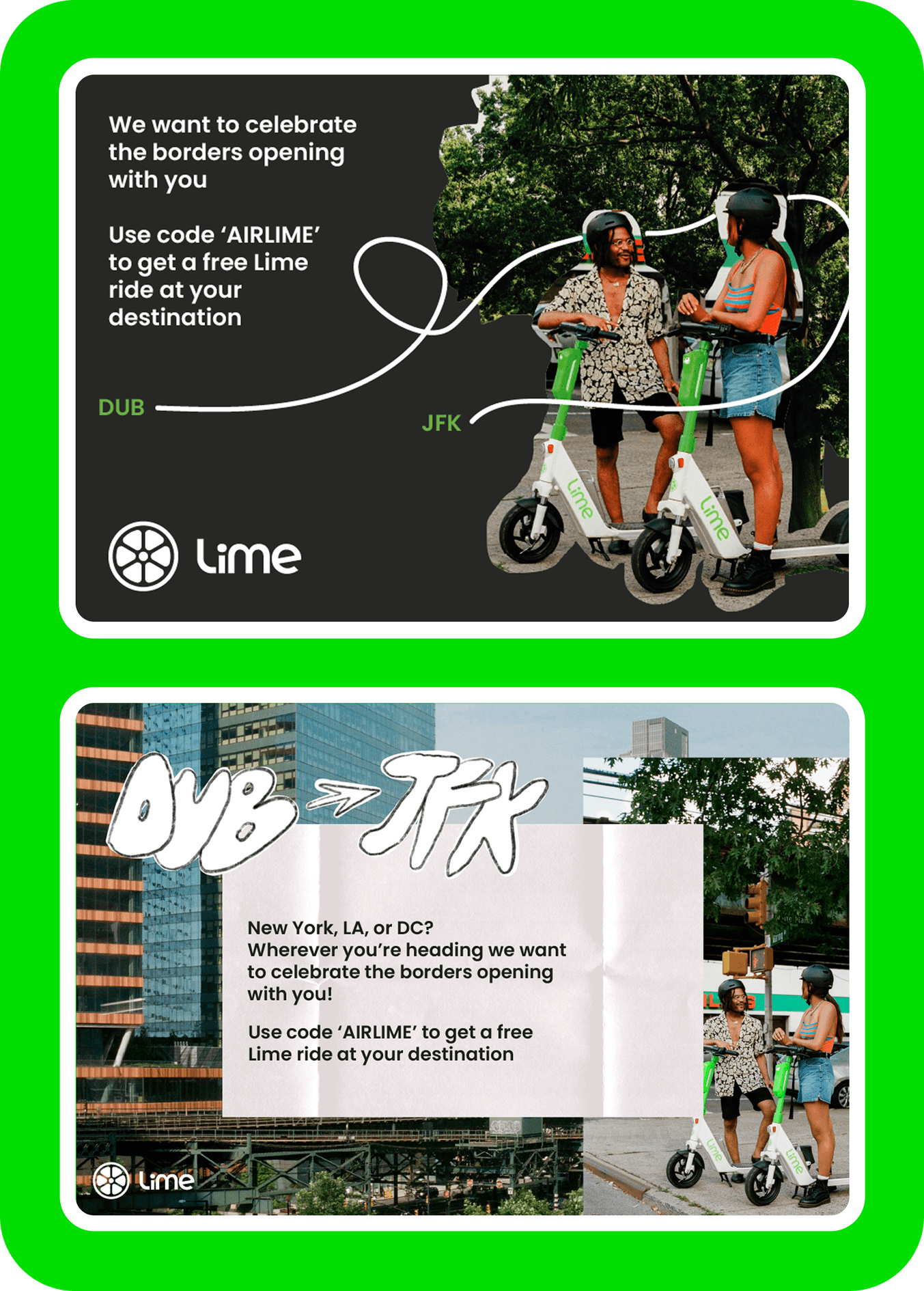 Two Lime adverts celebrating Dublin to New York flights reopening, offering a free ride with the code AIRLIME